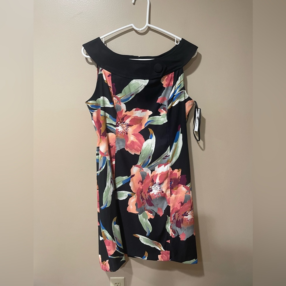 AB Studio Black Dress with Pink and Green Floral Design
